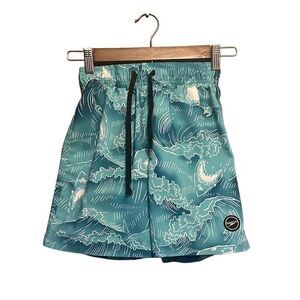 Speedo Boys Swim Trunks Medium Blue Wave Print‎ Elastic Waist Swimwear Shorts